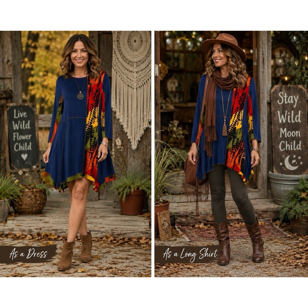 Parsley & Sage Tunic Shirt/Dress Sz L Wearable Art Blue Patchwork Sharkbite Hem